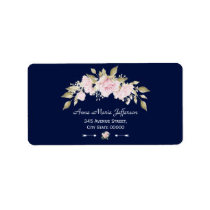 Blush Pink Floral Bloom Navy Blue Wedding Label