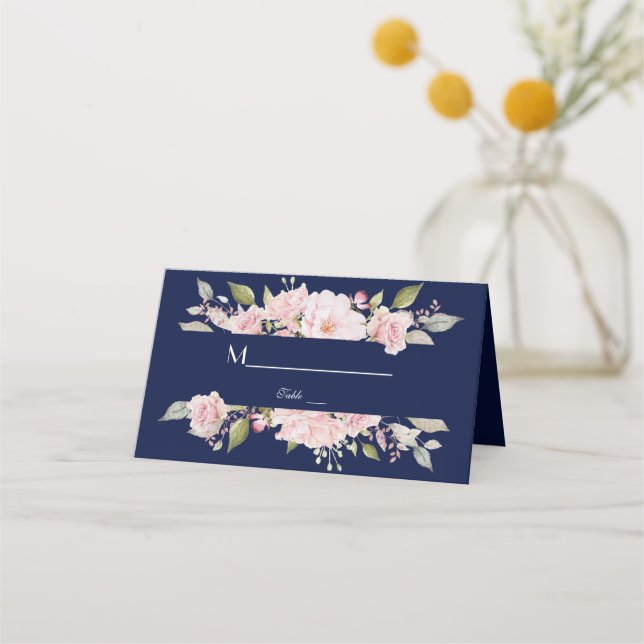 Blush Pink Floral Bloom Navy Blue Wedding Place Card (Back)