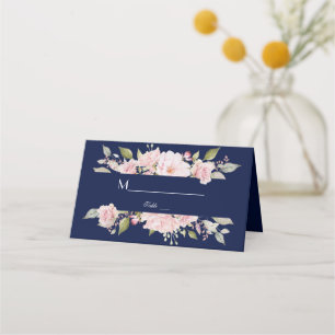 Blush Pink Floral Bloom Navy Blue Wedding Place Card