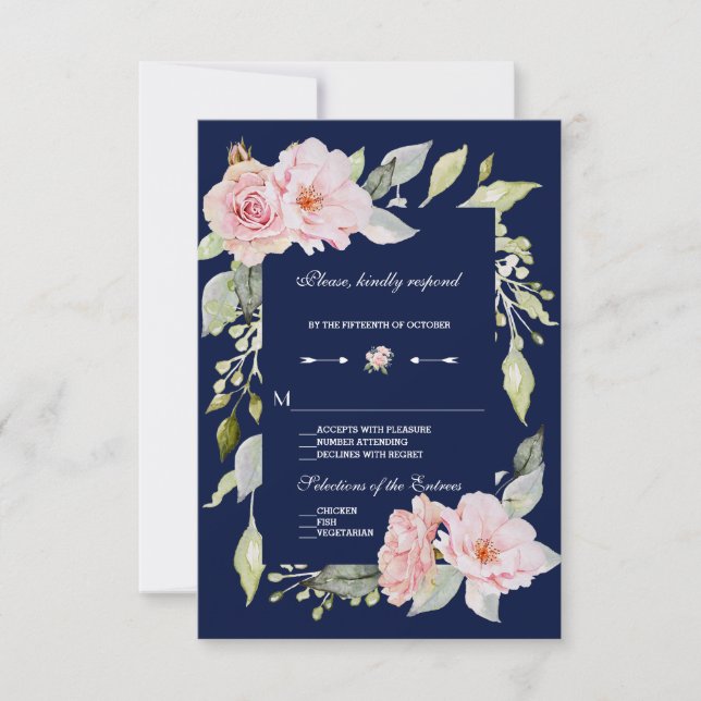 Blush Pink Floral Bloom Navy Blue Wedding RSVP Card (Front)
