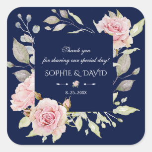 Blush Pink Floral Bloom Navy Blue Wedding Square Sticker