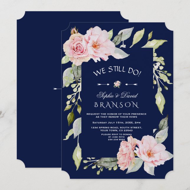 Blush Pink Floral Bloom Navy We Still Do Invitation (Front/Back)