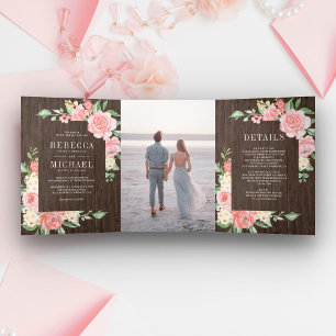 Blush Pink Floral Bloom Photo Barn Wood Wedding Tri-Fold Invitation
