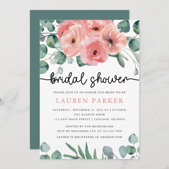 Blush Pink Floral Blooms and Foliage Bridal Shower Invitation (Front/Back)