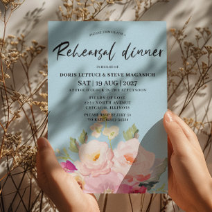 Blush Pink Floral Blue Rehearsal Dinner  Invitation