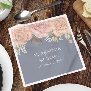 Blush Pink Floral Blue Wedding Custom  Napkin
