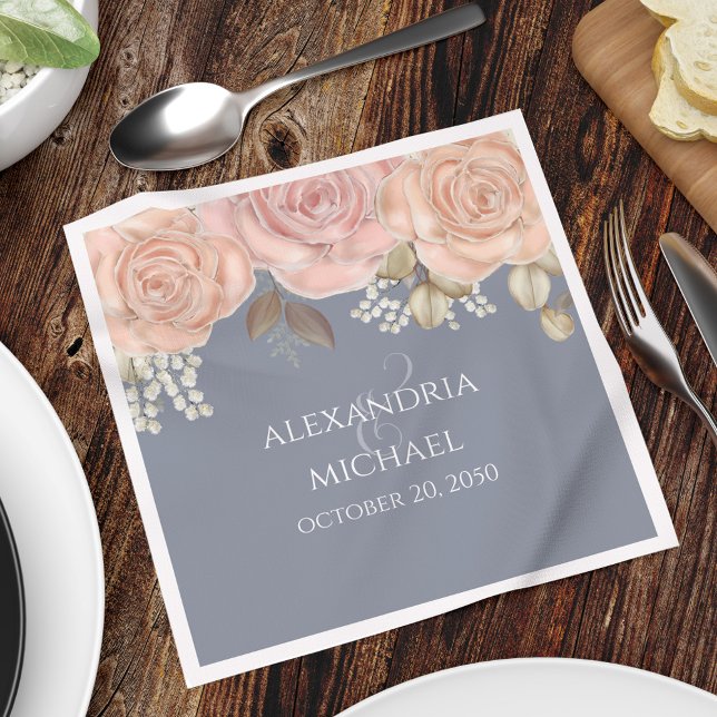 Blush Pink Floral Blue Wedding Custom  Napkin (Elegant dusty blue and rose gold floral design customized wedding napkin. )