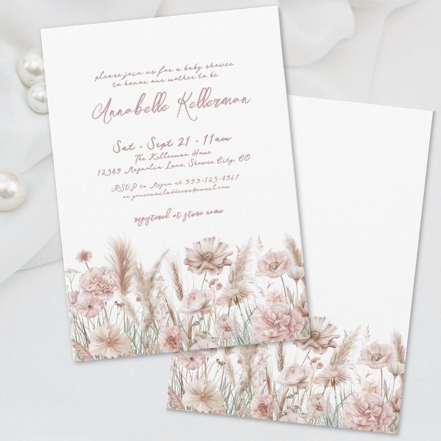 Blush Pink Floral Boho Baby Shower Invitation (Blush Pink Pampas Floral Boho Baby Shower Invitation)