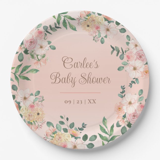 Blush Pink Floral Boho Baby Shower Paper Plate (Front)
