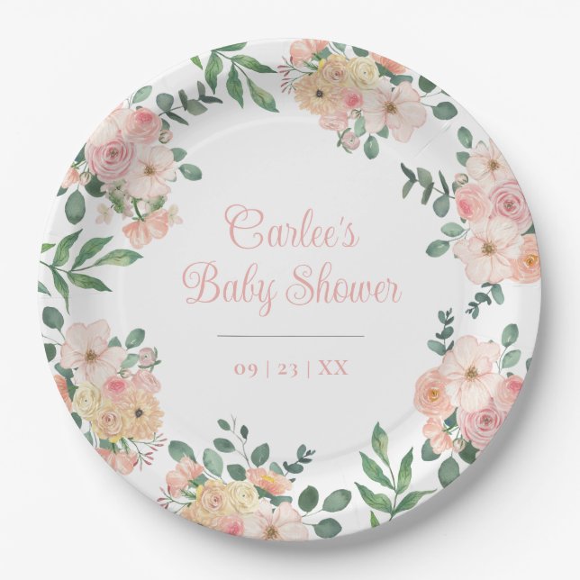 Blush Pink Floral Boho Garden Flowers Paper Plate (Front)
