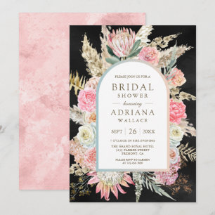 Blush Pink Floral Boho Pampas Black Bridal Shower Invitation