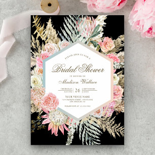 Blush Pink Floral Boho Pampas Black Bridal Shower Invitation