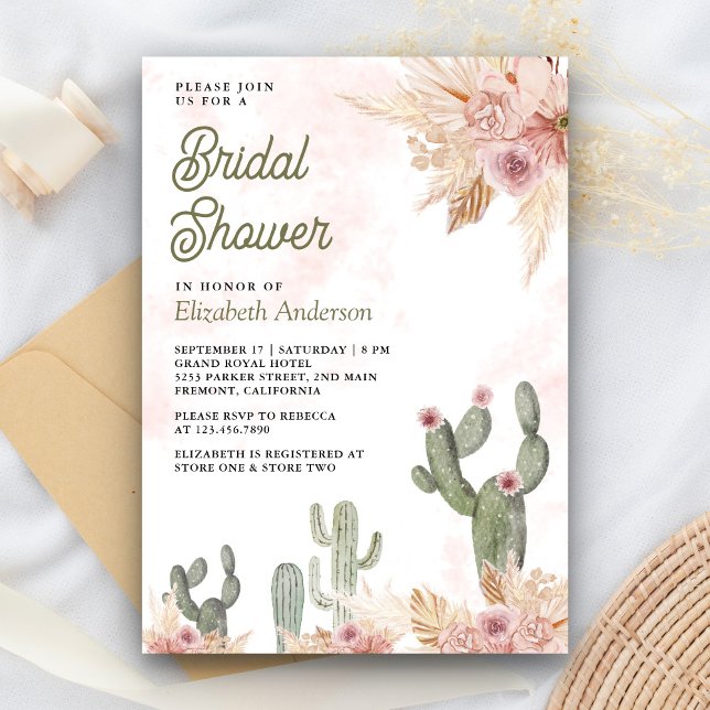 Blush Pink Floral Boho Pampas Cactus Bridal Shower Invitation (Creator Uploaded)