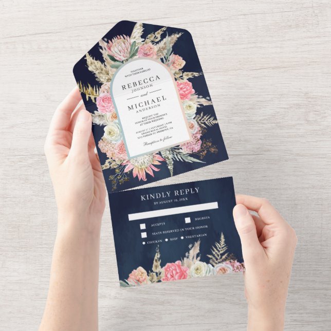 Blush Pink Floral Boho Pampas Grass Navy Wedding All In One Invitation (Tearaway)
