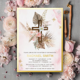 Blush Pink Floral Boho Pampas Wood Cross Baptism