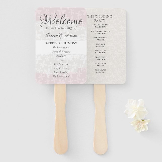Blush Pink Floral Boho wedding Ceremony Program Hand Fan (Front and Back)