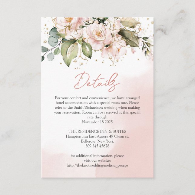 Blush Pink Floral Boho Wedding Details Card Chic (Front)