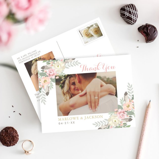 Blush Pink Floral Boho Wedding Photo Thank You Postcard (Creator Uploaded)