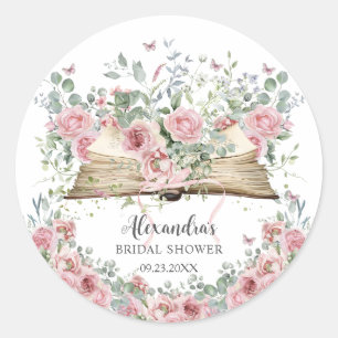 Blush Pink Floral Book New Chapter Bridal Shower Classic Round Sticker