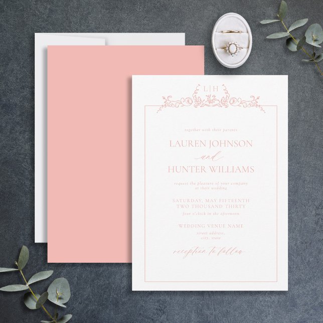 Blush Pink Floral Border Monogram Wedding Invitation (Creator Uploaded)