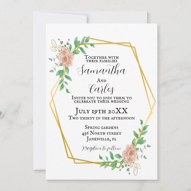 Blush pink,floral border wedding invitation (Front)