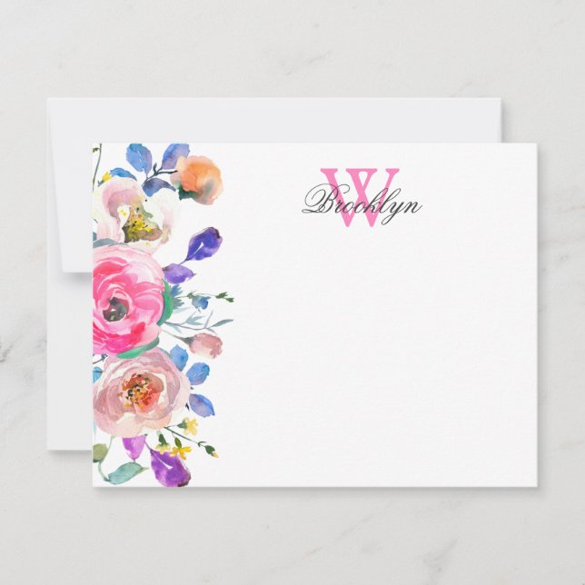 Blush Pink Floral Botanical Monogrammed Note Card (Front)