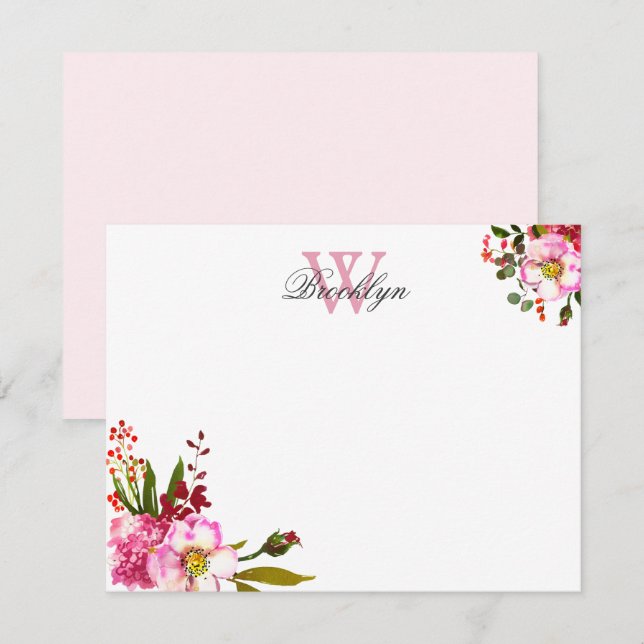 Blush Pink Floral Botanical Monogrammed Note Card (Front/Back)