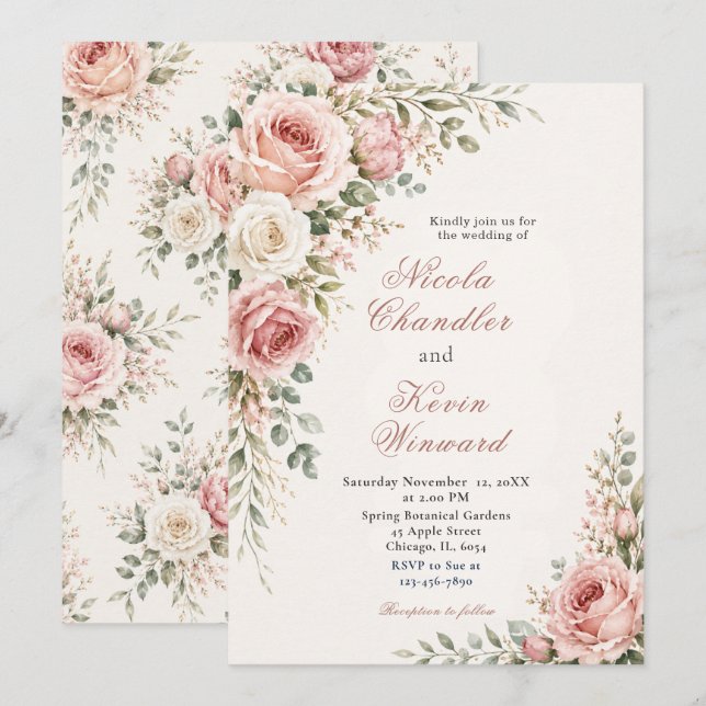 Blush Pink Floral Botanical Wedding Invitation (Front/Back)