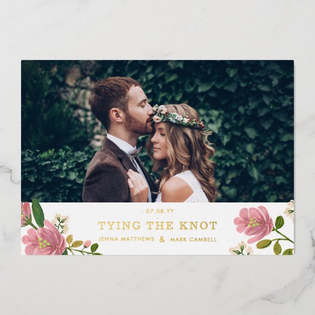 Blush Pink Floral Bouquet and Gold Save the Date (Front)