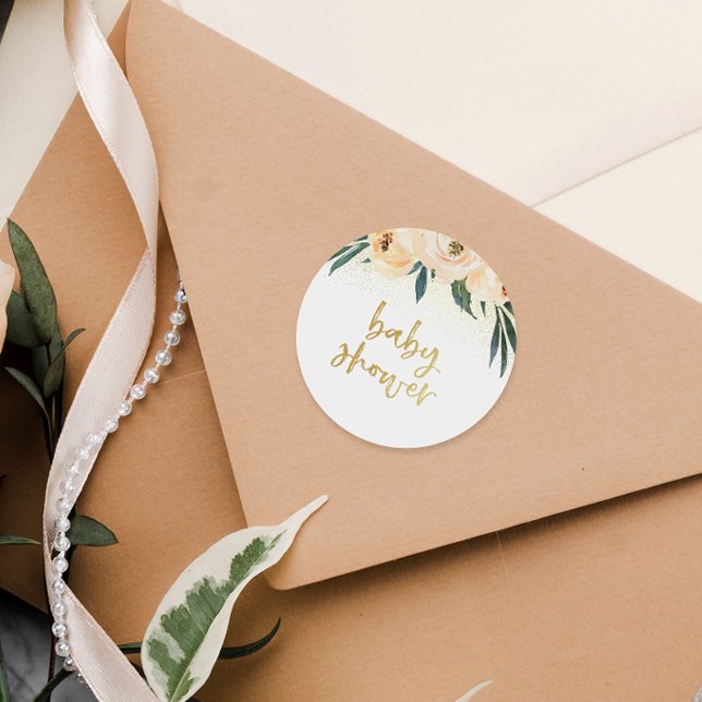 Blush Pink Floral Bouquet Gold Script Baby Shower Classic Round Sticker (Sticker Mock-up)