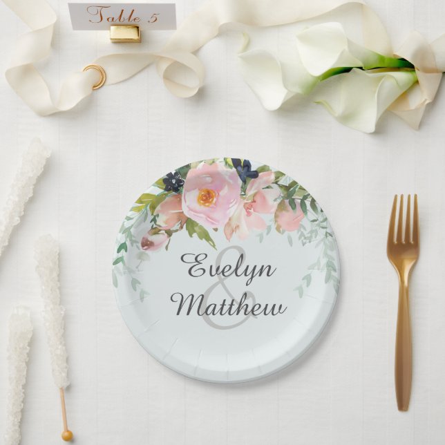 Blush Pink Floral Bouquet on Blue Bridal Shower Paper Plate (Wedding)