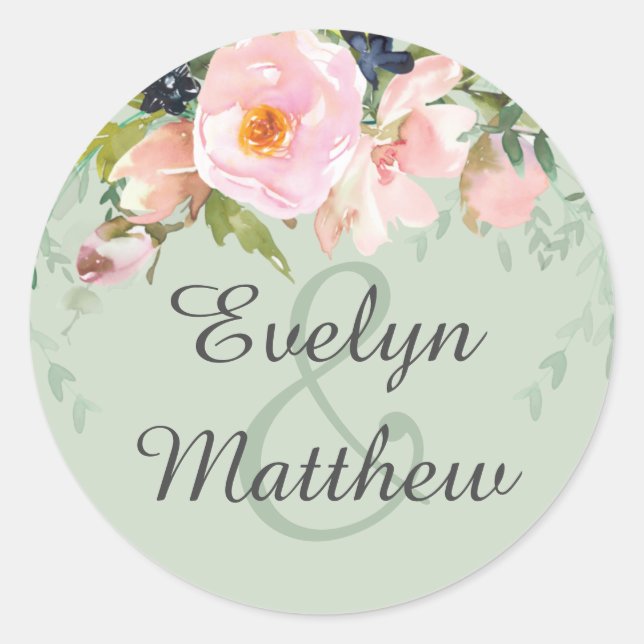 Blush Pink Floral Bouquet on Sage Green Wedding Classic Round Sticker (Front)