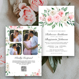 Blush Pink Floral Bouquet QR Code Wedding Invitation