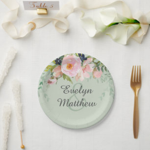 Blush Pink Floral Bouquet Sage Green Bridal Shower Paper Plate