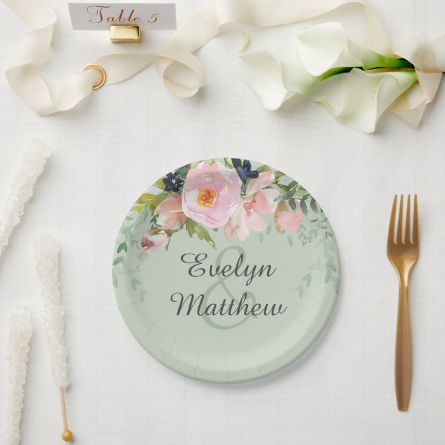 Blush Pink Floral Bouquet Sage Green Bridal Shower Paper Plate (Wedding)