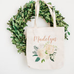 Blush Pink Floral Bouquet Wedding Bridesmaid Name Tote Bag<br><div class="desc">Personalised tote bag design features a first name monogram in modern hand-lettered script writing with an elegant floral watercolor bouquet that includes painted greenery with roses, ranunculus flowers, and leaves in neutral shades of white, cream, blush pink, gold and green. Makes a great gift for your wedding party / bridesmaids!...</div>