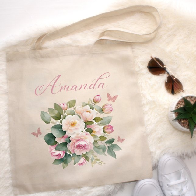 Blush Pink Floral Bouquet Wedding Bridesmaid Name Tote Bag (Creator Uploaded)