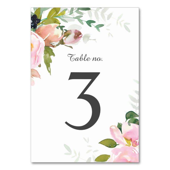 Blush Pink Floral Bouquets on White Table Number (Front)