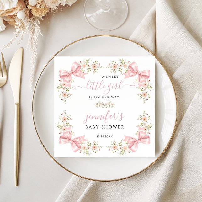 Blush Pink Floral Bow Baby Girl Shower Napkin (Creator Uploaded)