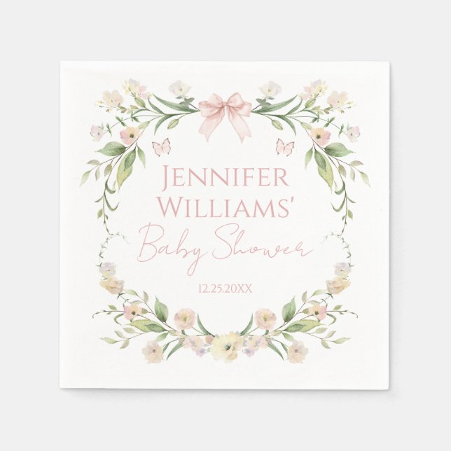 Blush Pink Floral Bow Baby Girl Shower Napkin (Front)