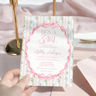 Blush Pink Floral Bow It's a Girl Baby Shower Invitation