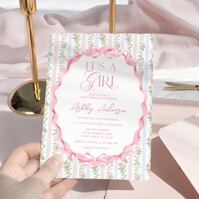 Blush Pink Floral Bow It's a Girl Baby Shower Invitation (Creator Uploaded)