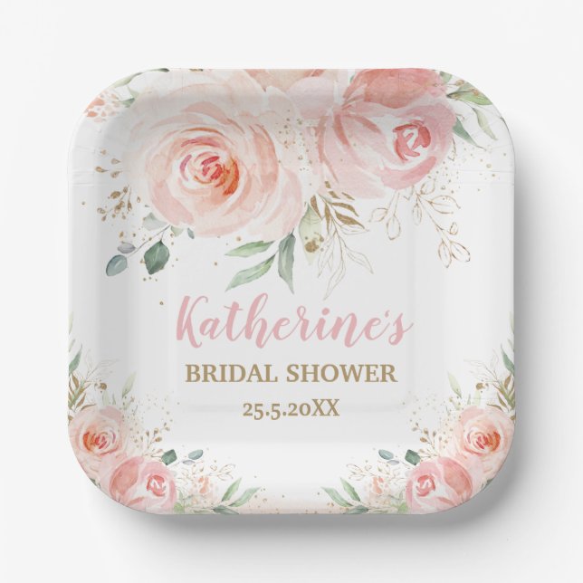 Blush Pink Floral Bridal Baby Shower Birthday Paper Plate (Front)