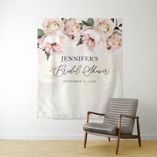 Blush Pink Floral Bridal Shower Backdrop Tapestry (In Situ)