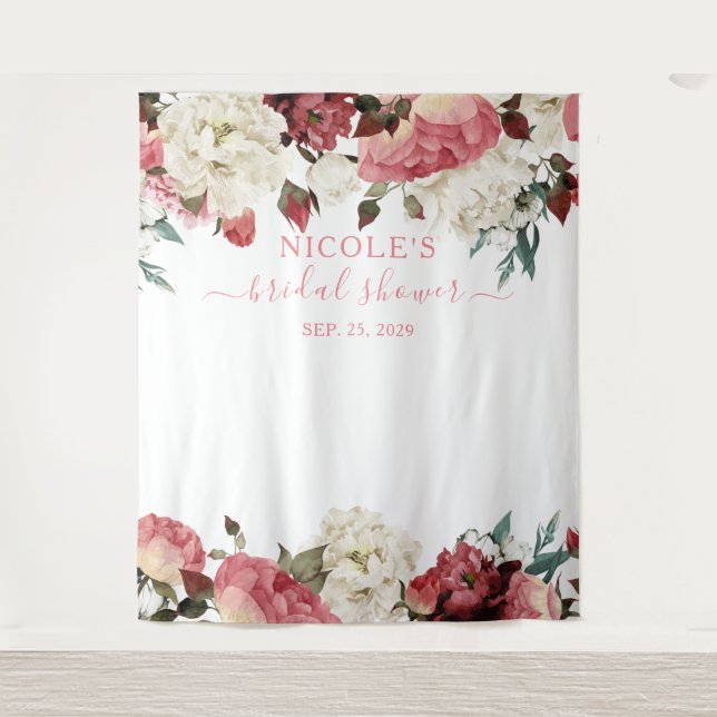 Blush Pink Floral Bridal Shower Backdrop Tapestry (Front)
