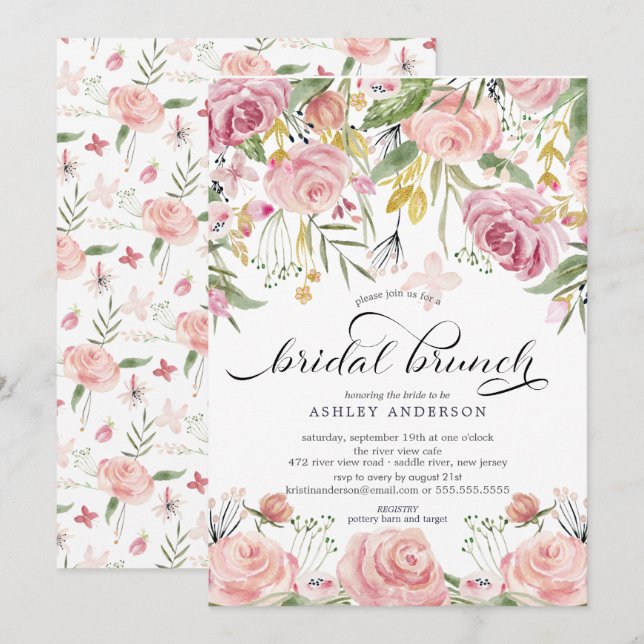 Blush Pink Floral Bridal Shower Brunch Invitation (Front/Back)