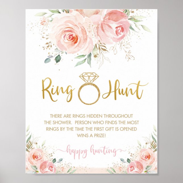 Blush Pink Floral Bridal Shower Ring Hunt Game   Poster (Front)