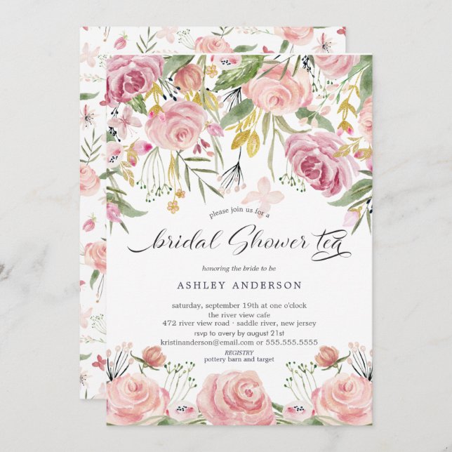 Blush Pink Floral Bridal Shower Tea Invitation (Front/Back)