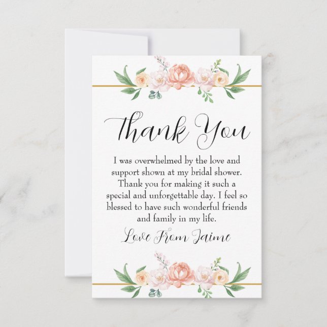 blush pink floral bridal shower thank you cards (Front)