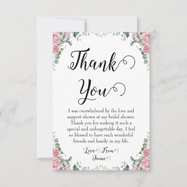 blush pink floral bridal shower thank you cards (Front)
